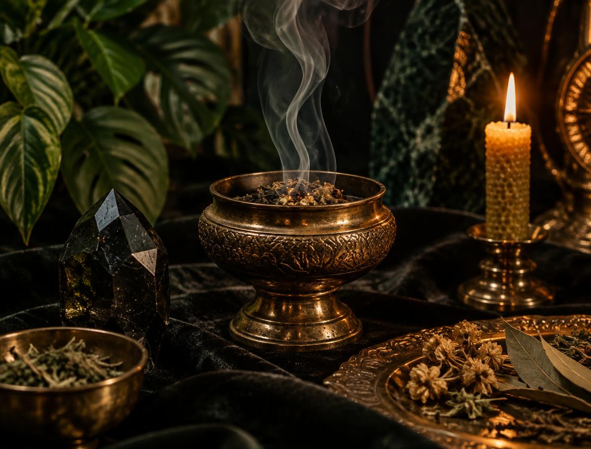 Recipiente de bronce con humo de hierbas, cristal oscuro y vela de cera