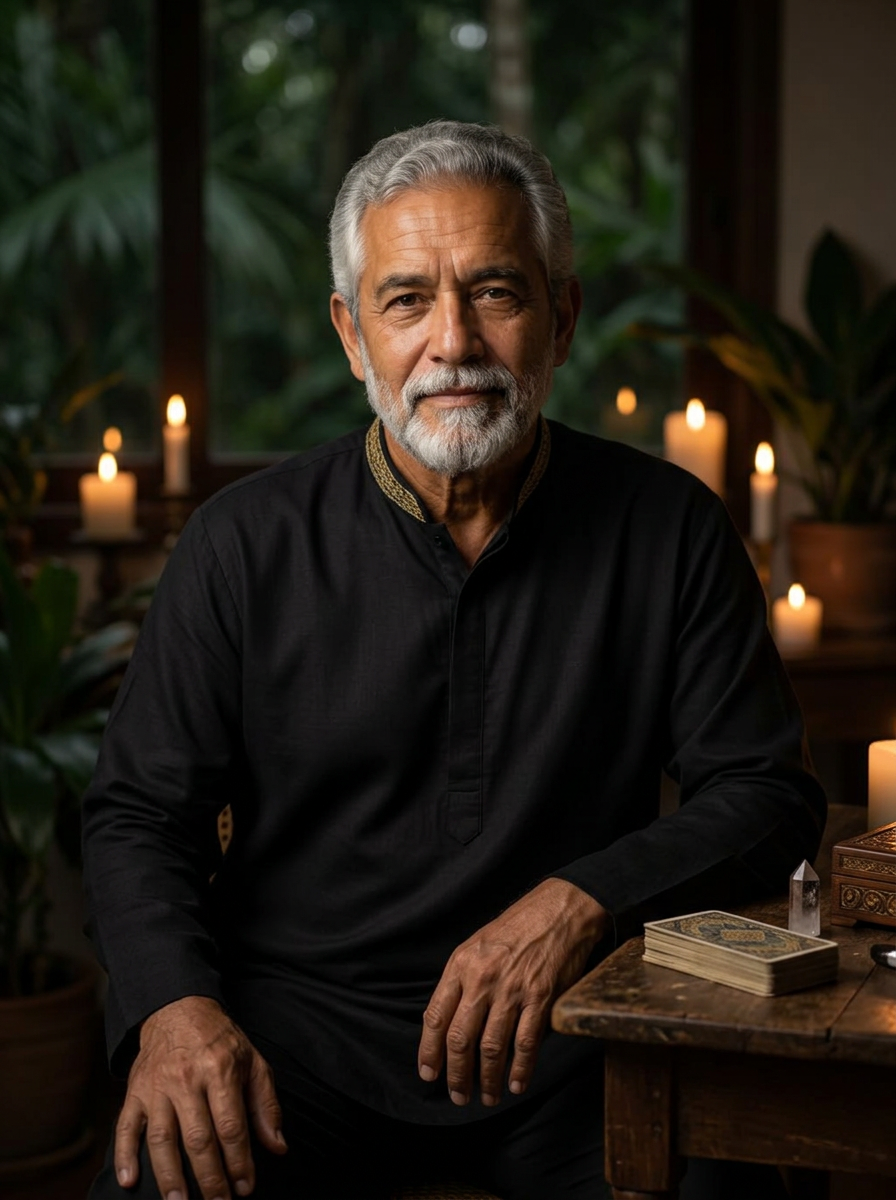Maestro Daniel Suárez, hombre moreno de amplia experiencia, vestido con túnica negra elegante en su espacio de consulta