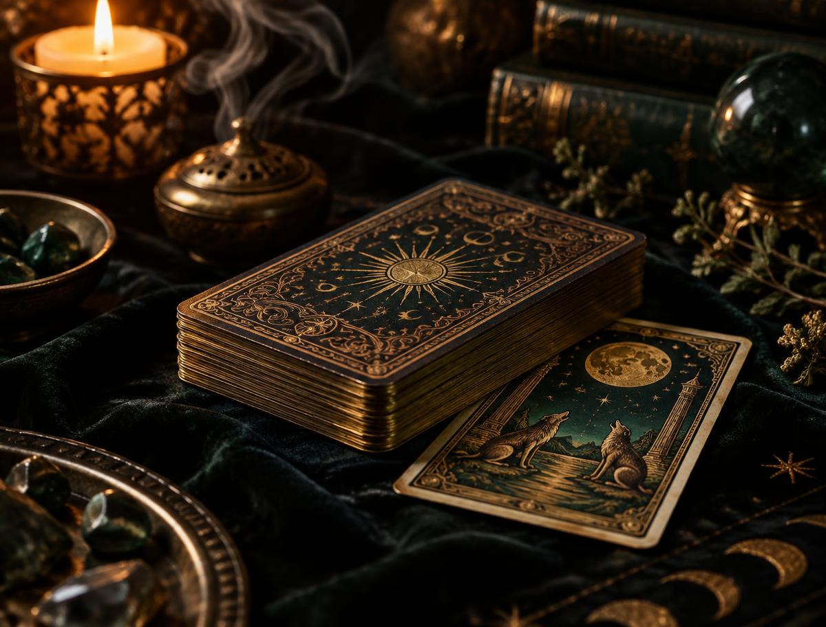 Mazo de tarot antiguo con detalles dorados iluminado por una vela