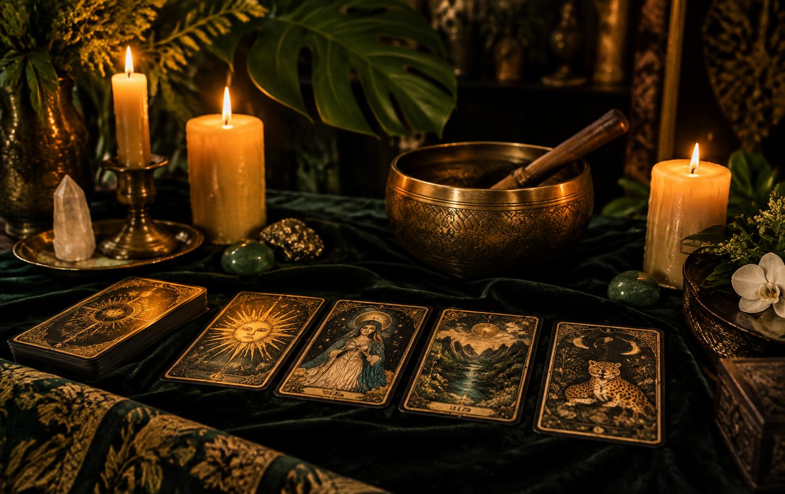 Velas encendidas junto a cartas de tarot y un cuenco ceremonial sobre terciopelo oscuro